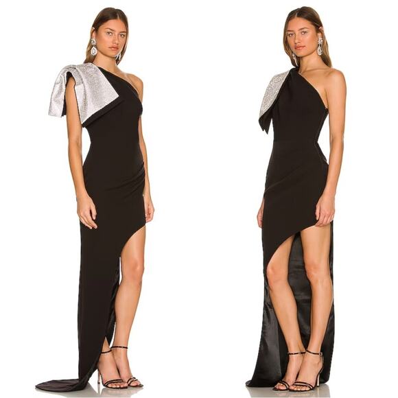 Bronx and Banco Stella One Shoulder Bow Crystal Embellished Black Maxi Gown Sz M - Picture 2 of 8